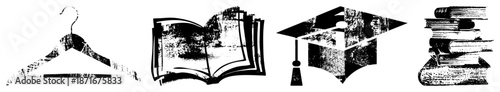 Educational Symbols Hanger, Open Book, Grad Cap, and Stacked Books in Grunge Style