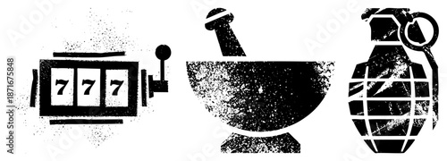 Vintage Slot Machine, Mortar Pestle, and Hand Grenade in Grunge Style