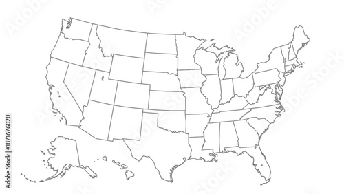 United States Map with Administrative Divisions Outline on Isolated White Background