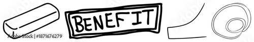 Hand Drawn "BENEFIT" Sign with Abstract Geometric Shapes