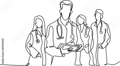 Continuous line drawing of a male and female doctor standing together  medical professionals  teamwork  and health care illustration