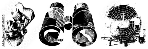 Vintage Camera, Binoculars, and Radar Dish Retro Tech