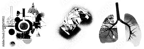 Abstract Scientific Lab Equipment and Biological Structures in Halftone Vector Art