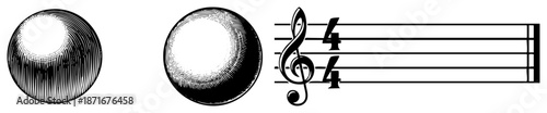 Vintage Halftone Spheres and Musical Staff with Treble Clef
