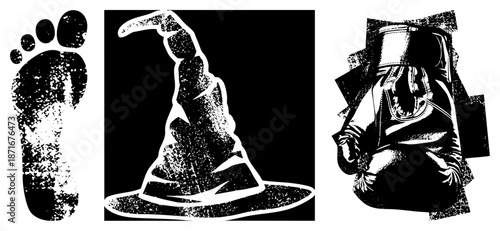 Wizard’s Hat, Human Footprint, and Vintage Suitcase Vector