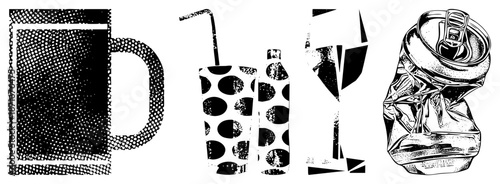 Halftone Vector Illustration of Beverage Containers and Crushed Can