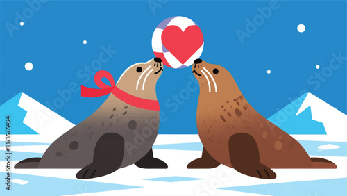 Illustration Of Two Seals Wearing Valentine Ribbons, Balancing A Heart Ball On Their Nose, Polar Ice Background Vector Design Template