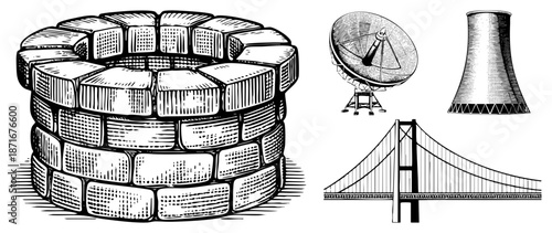 Vintage Style Illustration of Stone Well, Radio Telescope, Cooling Tower, and Suspension Bridge