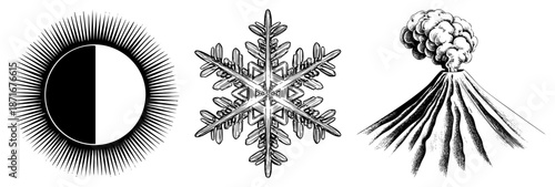 Solar Eclipse, Snowflake, and Volcano Vector in Black and White