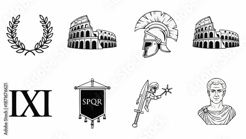 Ancient Roman Symbols and Icons Collection Illustration.