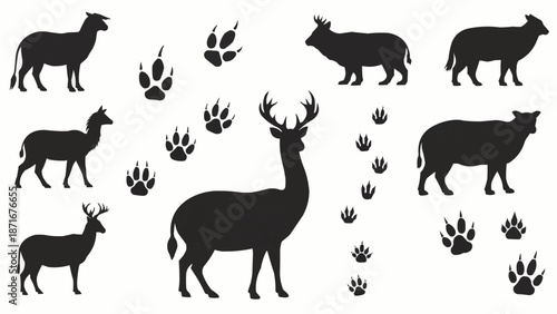Collection of Animal Silhouettes and Paw Prints.