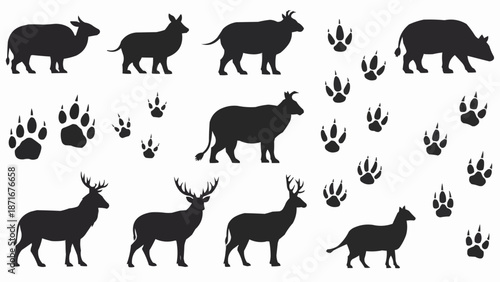Collection of Animal Silhouettes and Paw Prints.