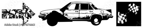 Vintage Car Silhouette with Checkered Flag and Arrow Vector Graphic