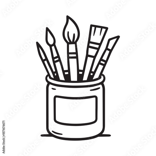 A black and white drawing of a jar of paint brushes. The jar is filled with a variety of brushes. Vector. Silhouette illustration.