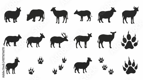 Collection of Animal Silhouettes and Paw Prints.