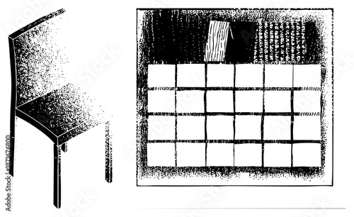 Minimalist Chair and Checkerboard Grid in Halftone Vector Illustration