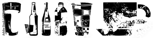 Halftone Vector Illustration of Beverage Containers and Cups