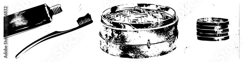 Vintage Toothbrush and Toothpaste Tube with Bamboo and Stacked Cups