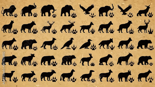 Collection of Animal Silhouettes with Paw Prints and Trees.