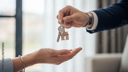 Handing Over House Keys – Real Estate Deal Closing and New Home Property Ownership Concept