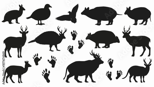 Collection of Animal Silhouettes and Footprints.