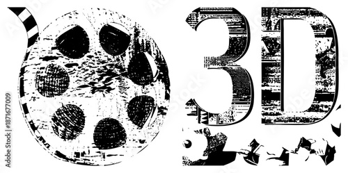 Vintage Film Reel and 3D Text Logo with Distressed Texture