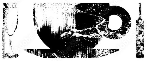 Vintage Halftone Coffee Cup with Saucer and Champagne Flute Silhouettes