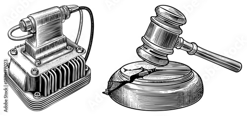 Vintage Power Supply Unit and Gavel in Detailed Art