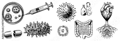 Medical Microbiology Symbols Including Virus, Bacteria, Heart, and Infant