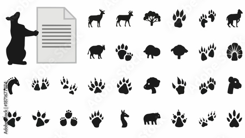 Collection of Animal Silhouettes and Paw Prints.