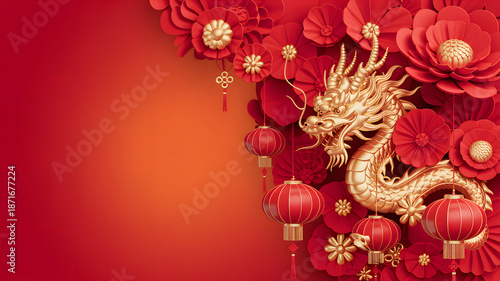 Wallpaper Mural Vibrant golden dragon amidst red paper flowers and lanterns for festive Chinese  Torontodigital.ca