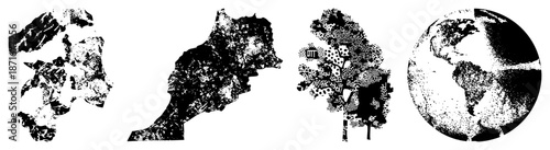 Abstract Halftone Earth Globe and Continent Silhouettes in Black and White