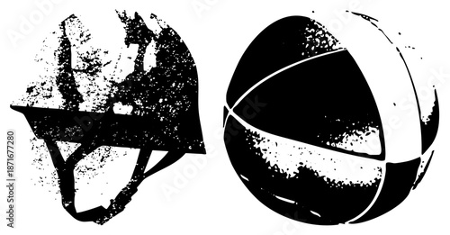 Grunge Styled Firefighter Helmet and Basketball Silhouettes
