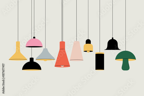 Set of modern pendant lamp illustrations in various shapes and colors. Minimalist vector art featuring hanging ceiling lights for home decor, interior design, and lighting concepts