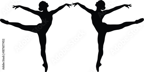Ballet dancers silhouettes performing graceful pose, classical dance art concept, elegant female movement, black vector illustration isolated on white backgroundBallet dancers silhouettes performing 