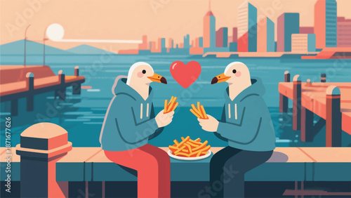Illustration Of Two Seagulls Wearing Hoodies, Sitting On A Harbor Fence While Sharing French Fries, Coastal City Background Vector Design Template