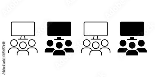 Set of icons showing a group of people watching a TV screen or monitor. Minimalist black vector symbols in solid and outline styles for audience, presentation, cinema, and online meeting concepts isol