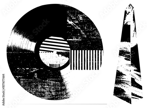 Abstract Vinyl Record and Obelisk Silhouette in High Contrast Graphic Design