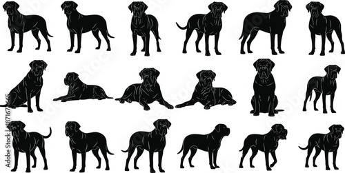Dog silhouettes collection, standing sitting lying poses set, domestic canine shapes, pet animal black vector illustration isolated on white background