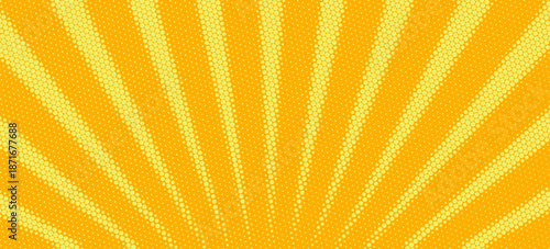 Yellow halftone pattern. Retro comic gradient background. Bright orange pixelated dotted texture overlay. Cartoon pop art faded gradient pattern. Vector backdrop for poster, banner, advertisement