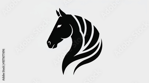 A minimalist black and white artistic illustration of a horse's head in profile view, facing left. 