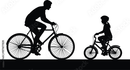 Father and child cycling together silhouette, parent teaching kid to ride bicycle, black vector illustration, family activity concept, outdoor bonding scene