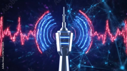 High-speed 5G network tower emitting vibrant red and blue digital signal waves connectivity