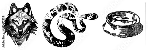Wolf Head, Coiled Snake, and Camouflage Pet Bowl Vector