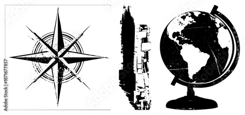 Vintage Compass Rose, Ship, and Globe Earth Symbol Set