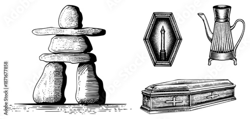 Traditional Inukshuk Stone Monument, Hexagonal Coffin, Antique Pitcher, and Wooden Casket