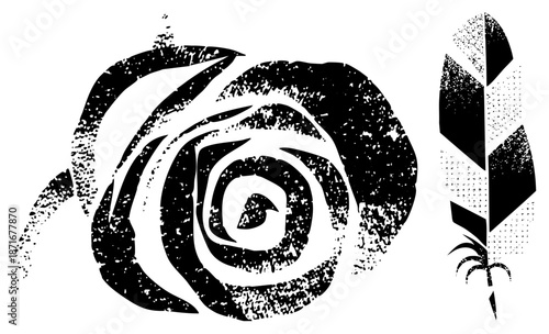 Stylized Rose and Feather with Grunge Texture in Black and White
