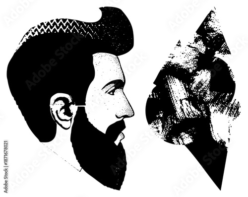 Stylized Black and White Portrait of Bearded Man in Halftone and Hair