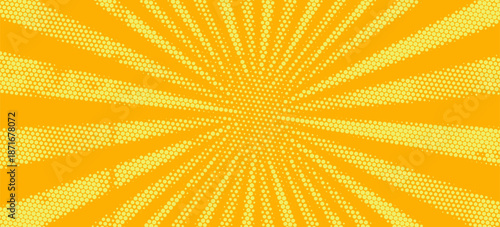 Yellow halftone pattern. Retro comic gradient background. Bright orange pixelated dotted texture overlay. Cartoon pop art faded gradient pattern. Vector backdrop for poster, banner, advertisement