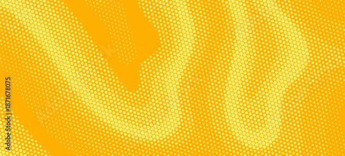 Yellow halftone pattern. Retro comic gradient background. Bright orange pixelated dotted texture overlay. Cartoon pop art faded gradient pattern. Vector backdrop for poster, banner, advertisement